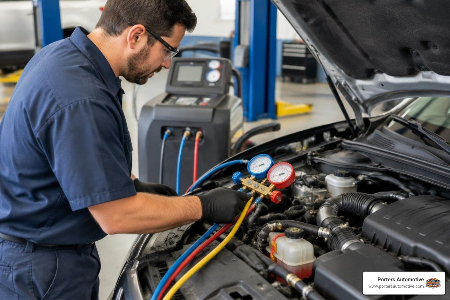 Automotive technician diagnosing a vehicle air-conditioning system with manifold gauges