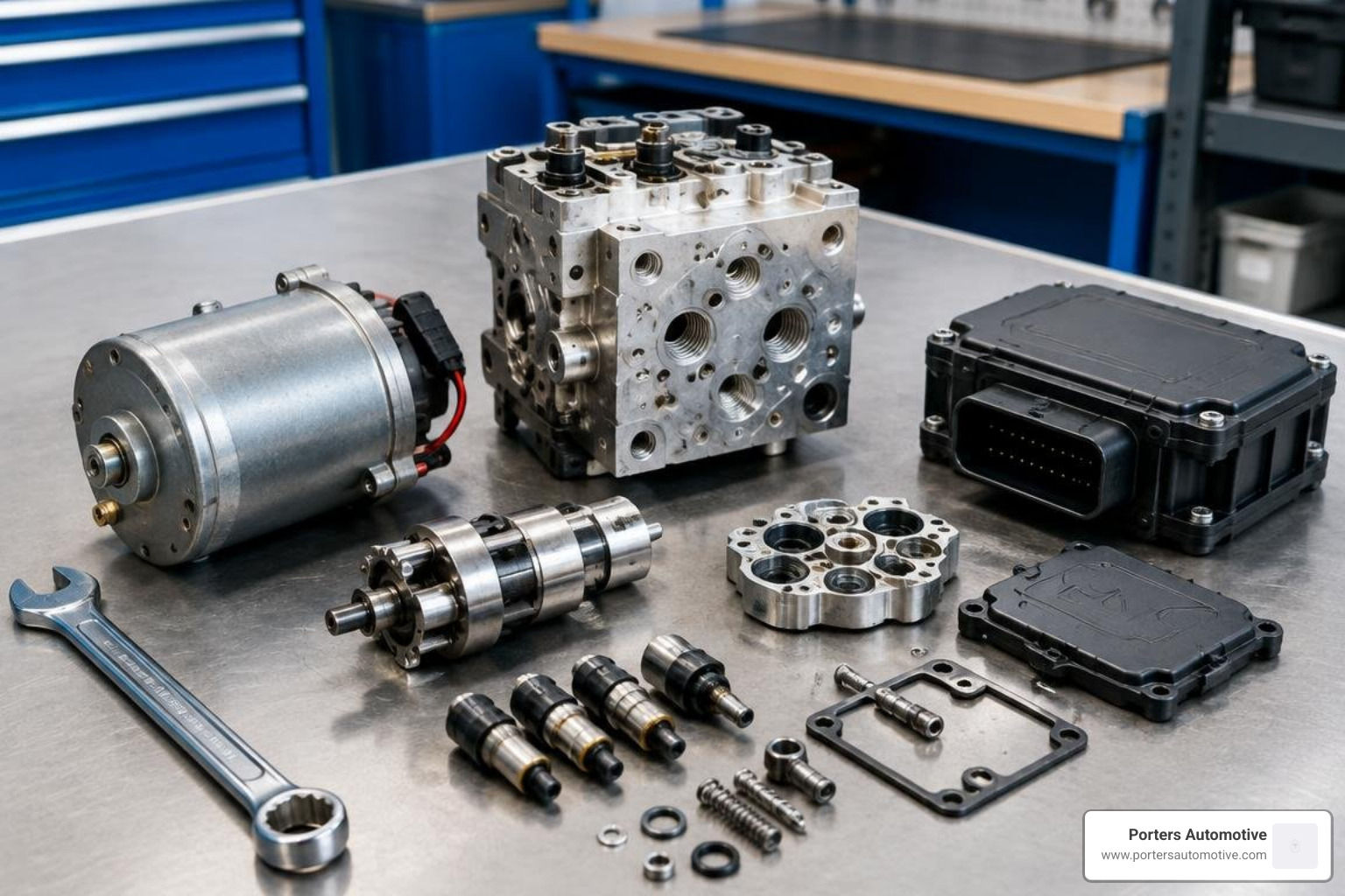 disassembled automotive ABS pump on a workbench
