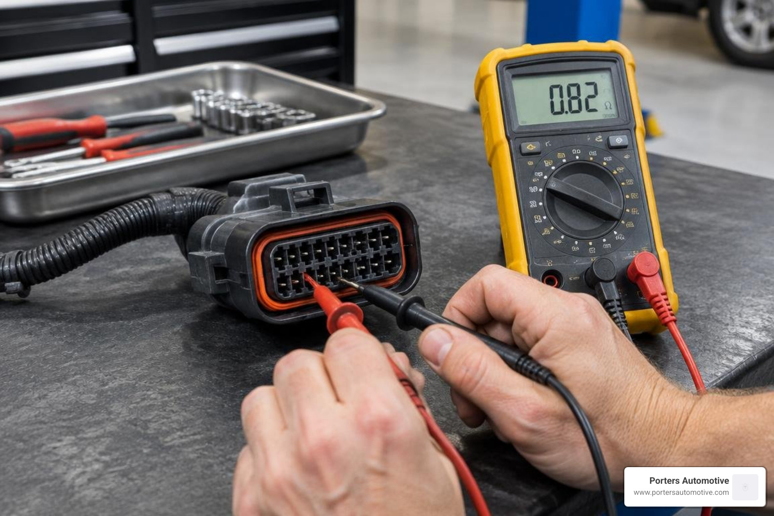 multimeter measuring resistance across 62TE connector pins