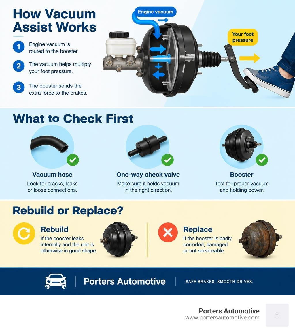 How vacuum assist works, what to check first, and when to rebuild or replace a brake booster infographic