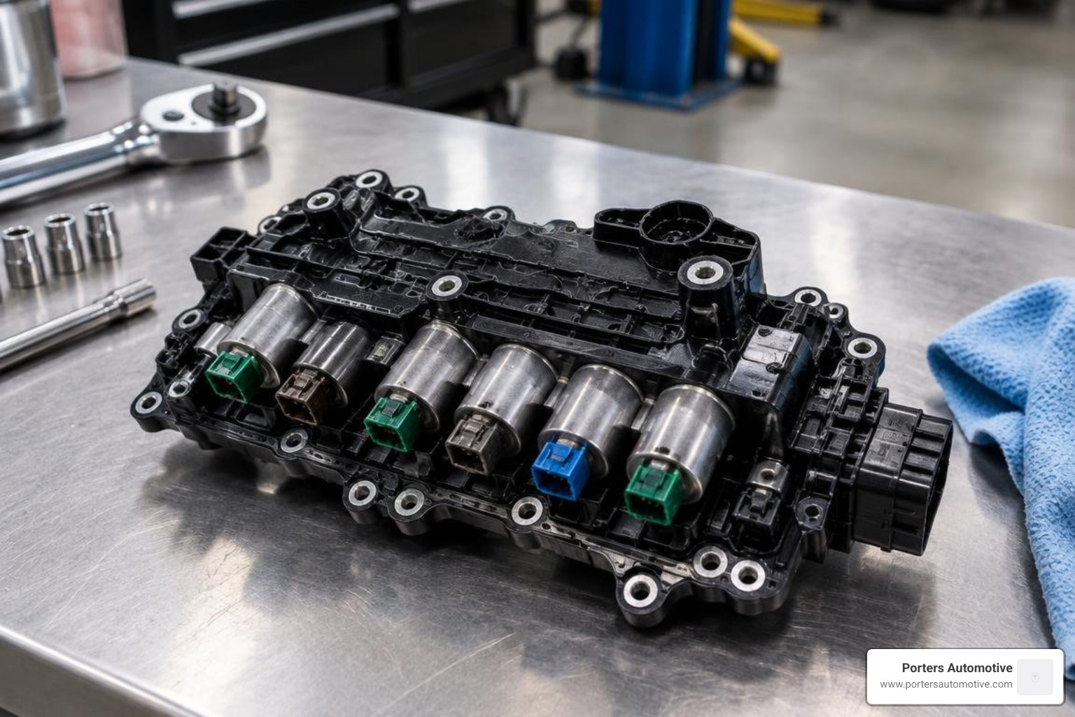 62TE transmission solenoid pack on workbench