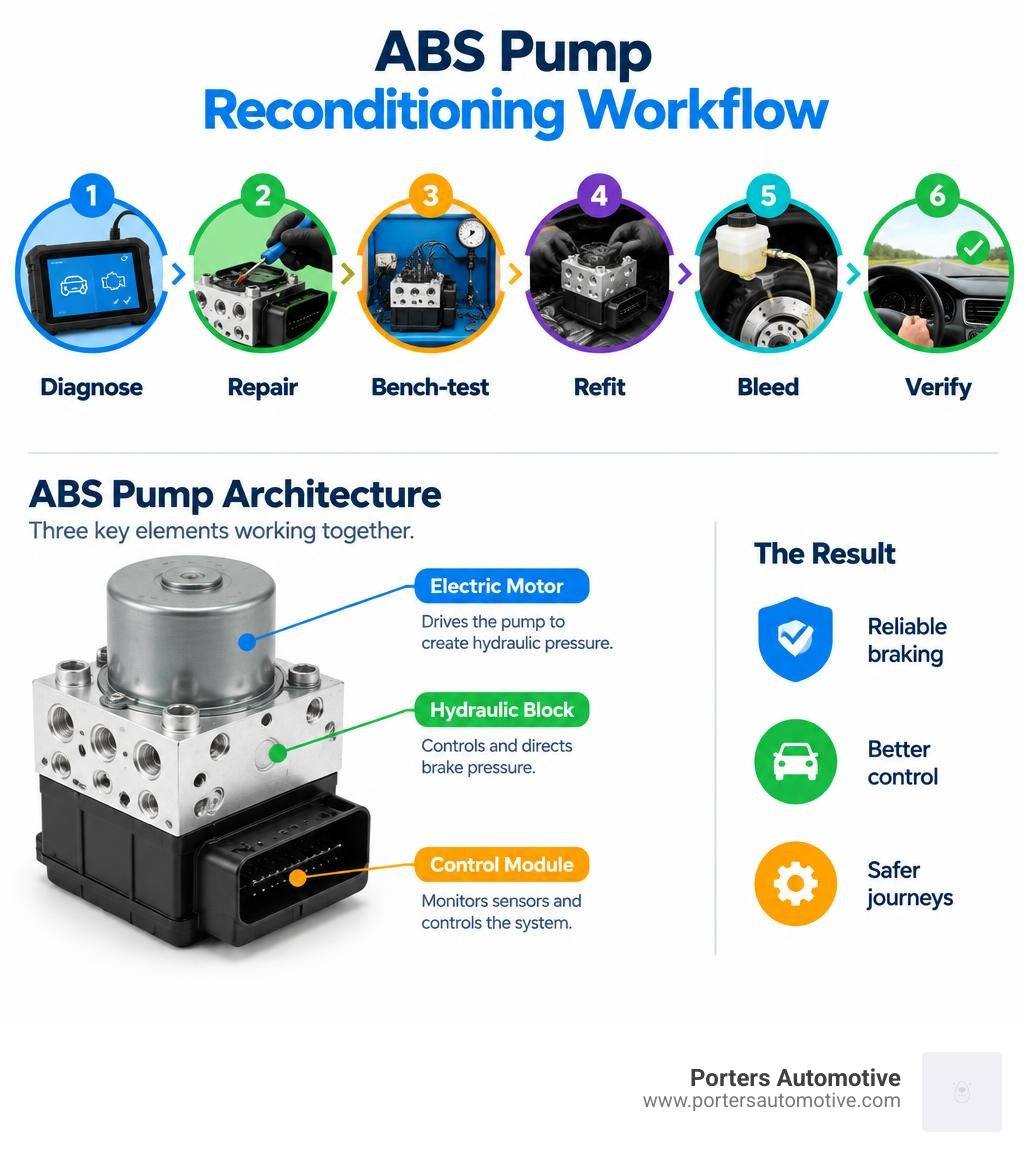 ABS pump workflow: diagnose, repair, bench-test, refit, bleed, and verify infographic
