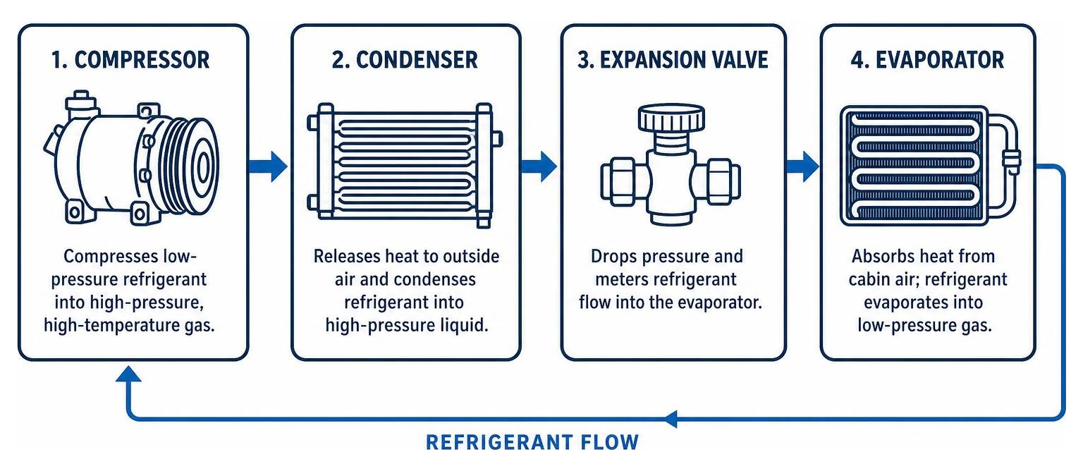 Automotive refrigeration cycle from compressor to condenser to expansion valve to evaporator