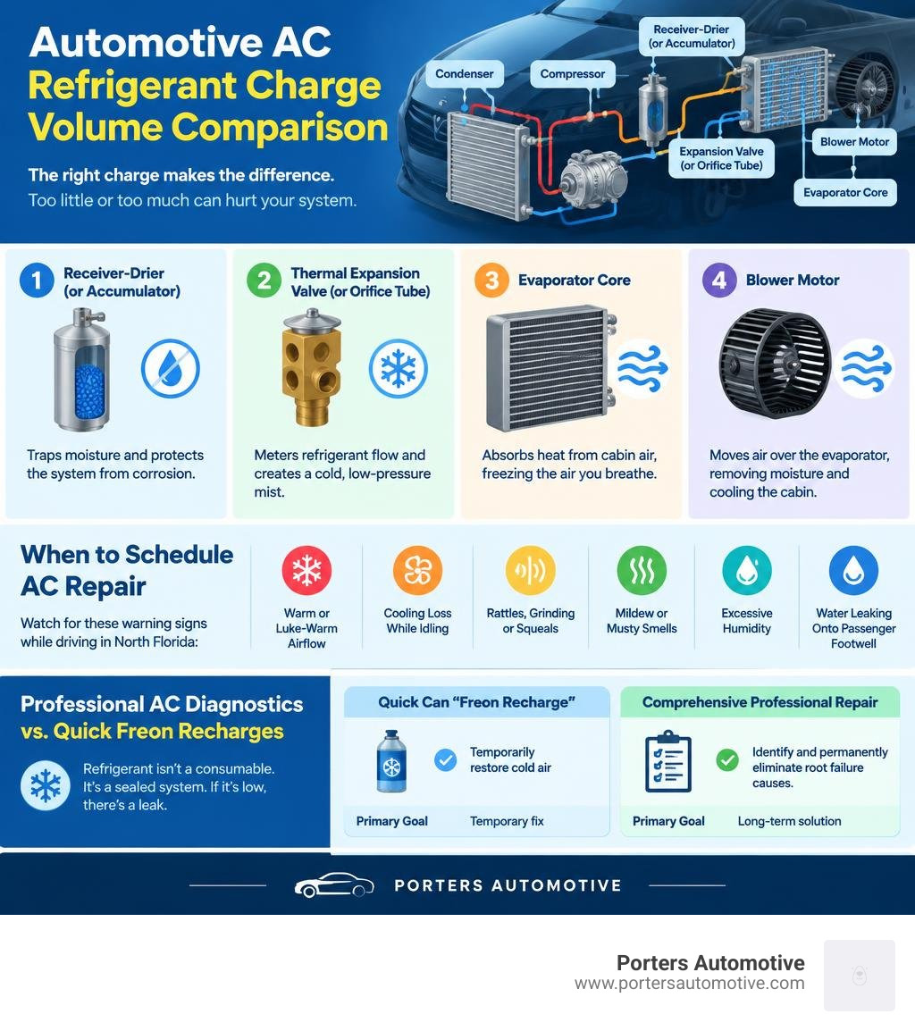 Automotive AC refrigerant charge volume comparison infographic