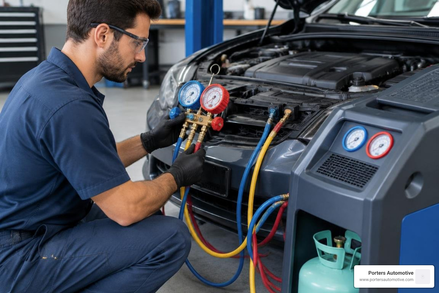 certified technician using refrigerant recovery and manifold gauges