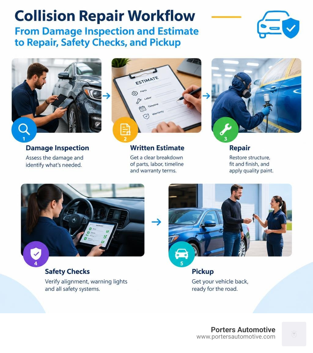 Collision repair workflow from damage inspection and estimate to repair, safety checks, and pickup infographic