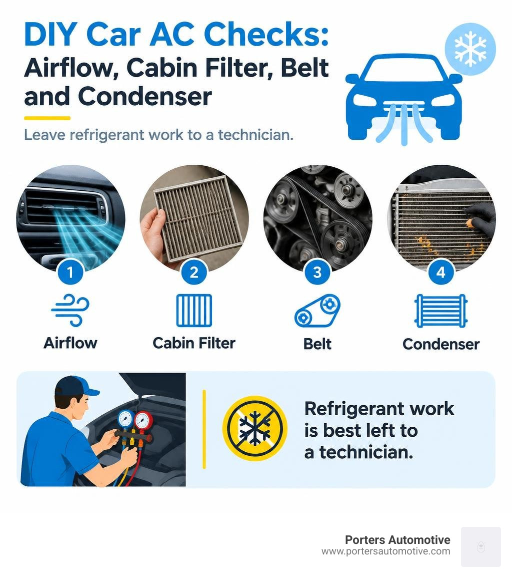 DIY car AC checks: airflow, cabin filter, belt and condenser; leave refrigerant work to a technician