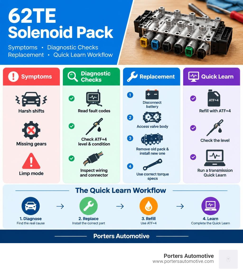 62TE solenoid pack symptoms, diagnostic checks, replacement, and Quick Learn workflow infographic
