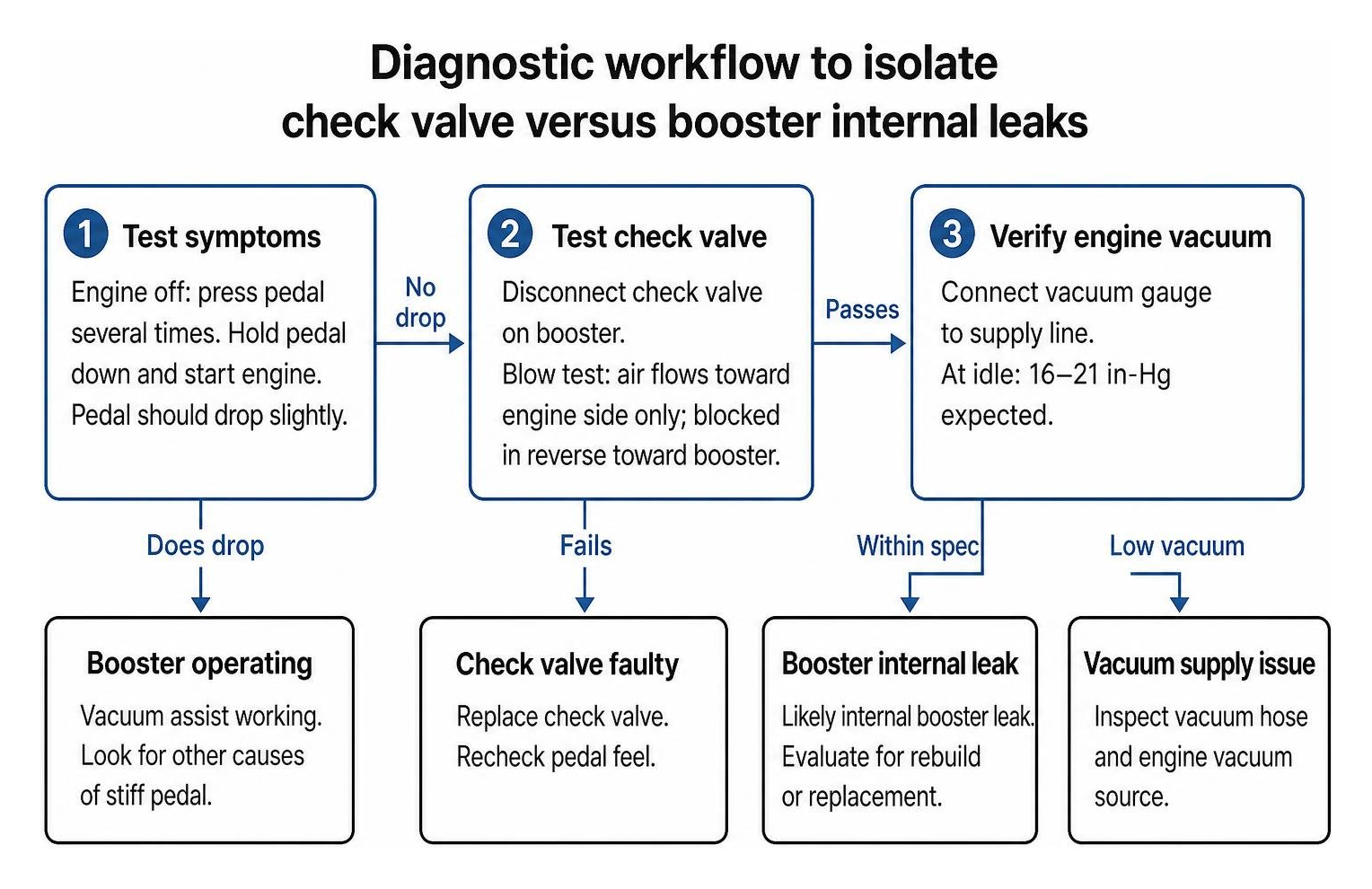 Diagnostic workflow to isolate check valve versus booster internal leaks