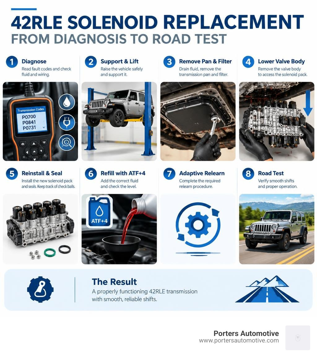42RLE solenoid replacement steps from diagnosis and valve body removal to refill and road test infographic