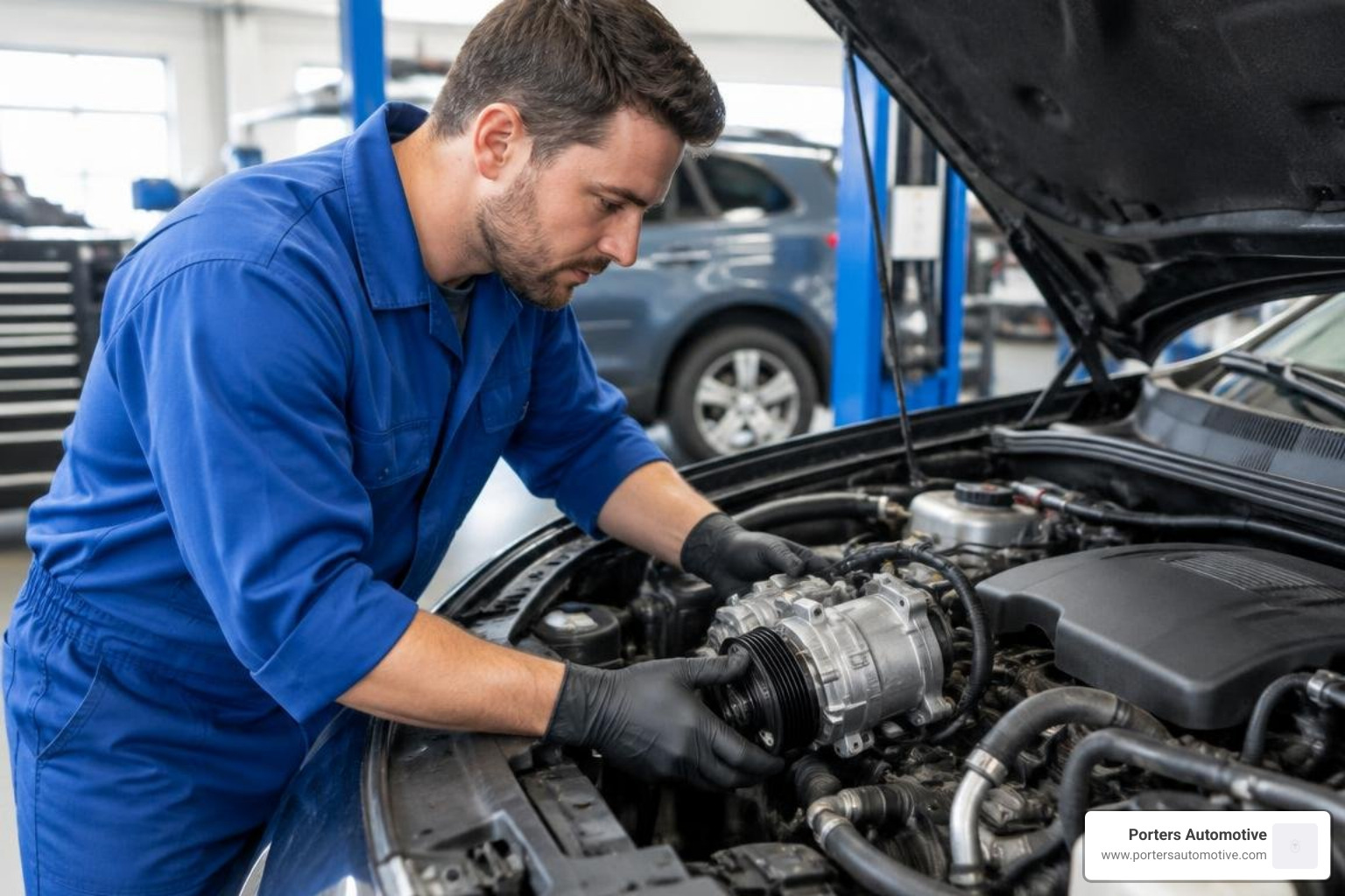 Mechanic inspecting car air conditioner