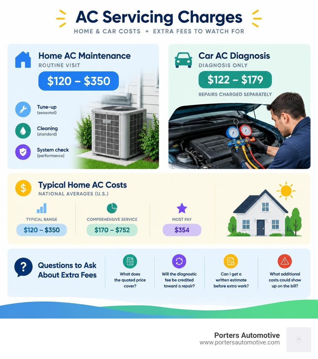 Typical home AC maintenance and car AC diagnosis costs, plus questions to ask about extra fees infographic