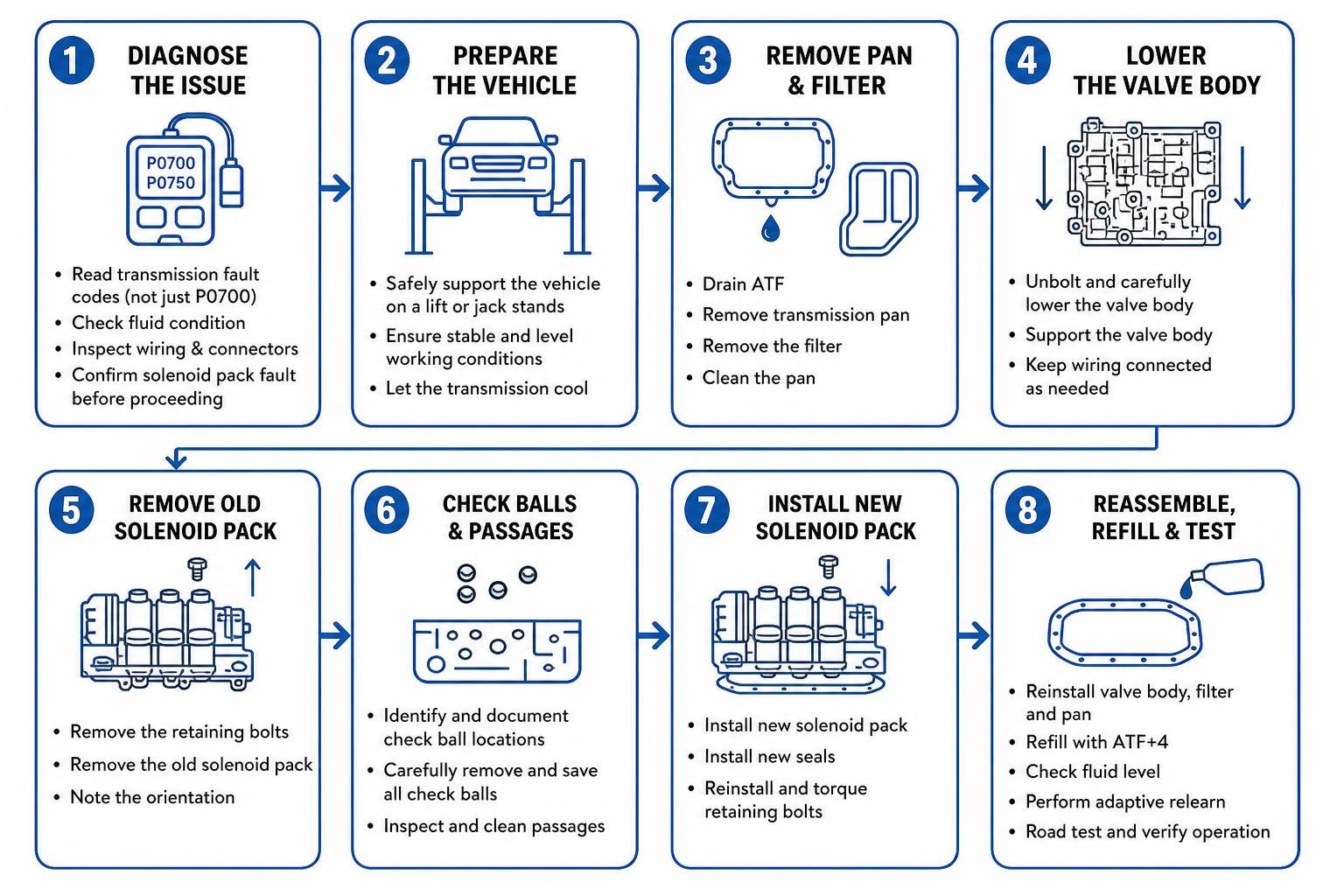 Step-by-step diagnostic and replacement process for 42RLE solenoid pack