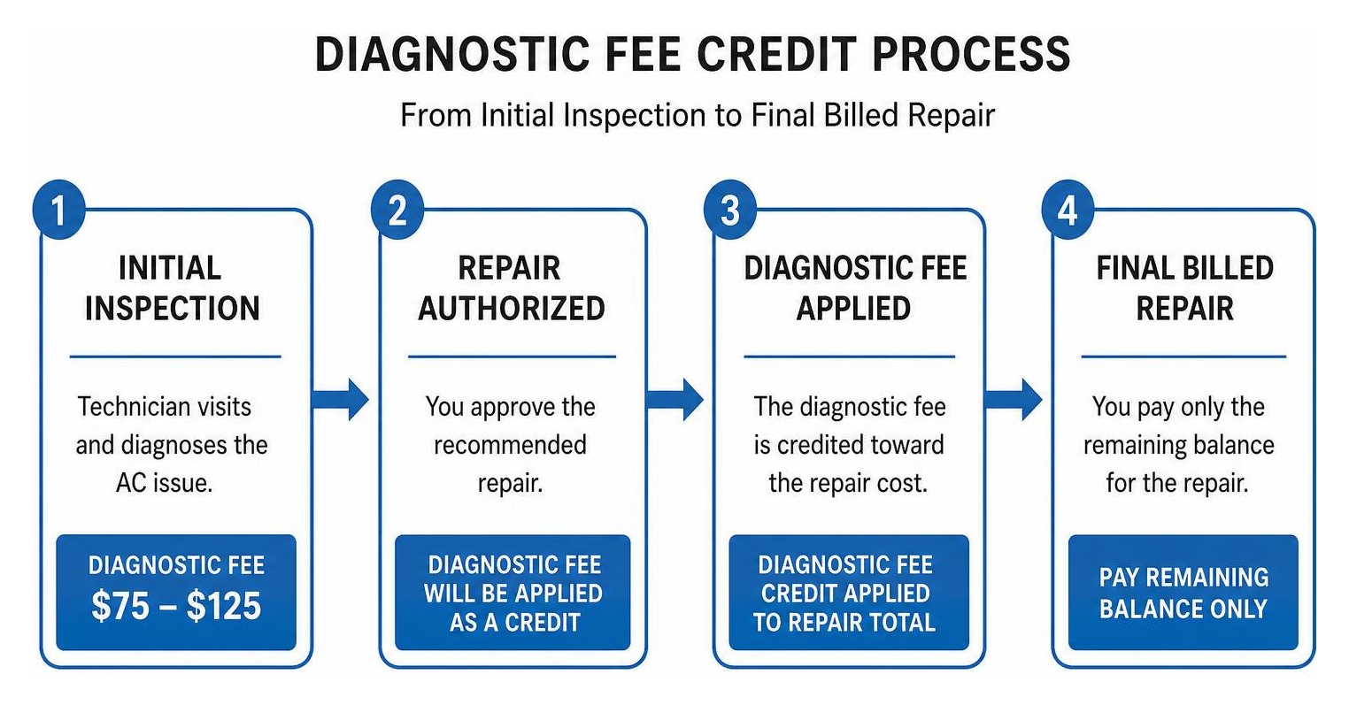 Step-by-step diagnostic fee credit process from initial inspection to final billed repair