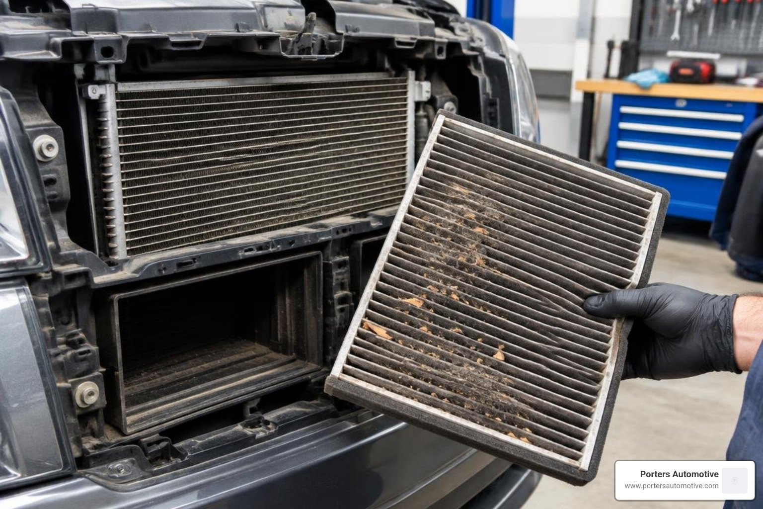 Dirty cabin air filter and AC condenser inspection