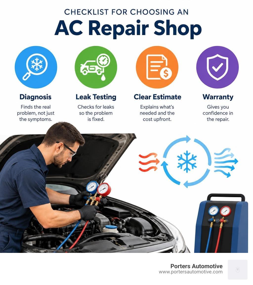 Checklist for choosing an AC repair shop: diagnosis, leak testing, clear estimate, and warranty infographic